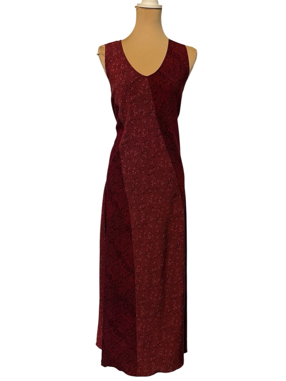 Vintage Patchwork Ditsy Floral Burgundy Red V Neck Tank Maxi Dress Romantic Goth